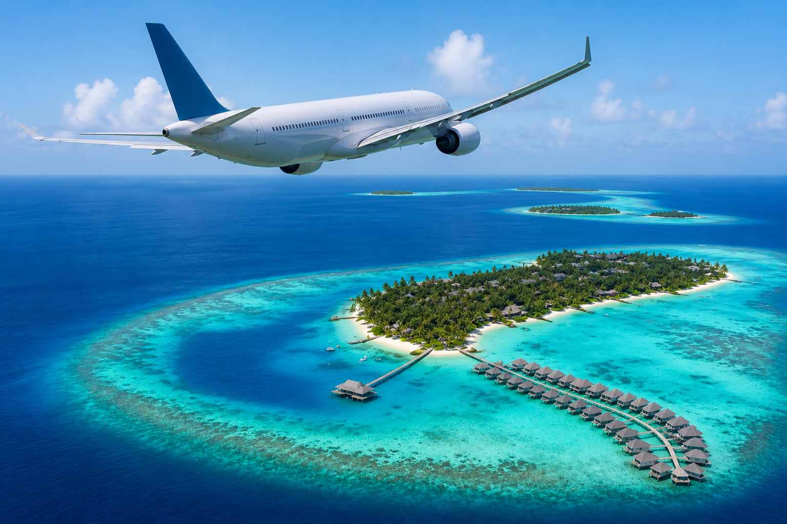 Ahmedabad to Maldives flight route overview with Maldives island aerial view