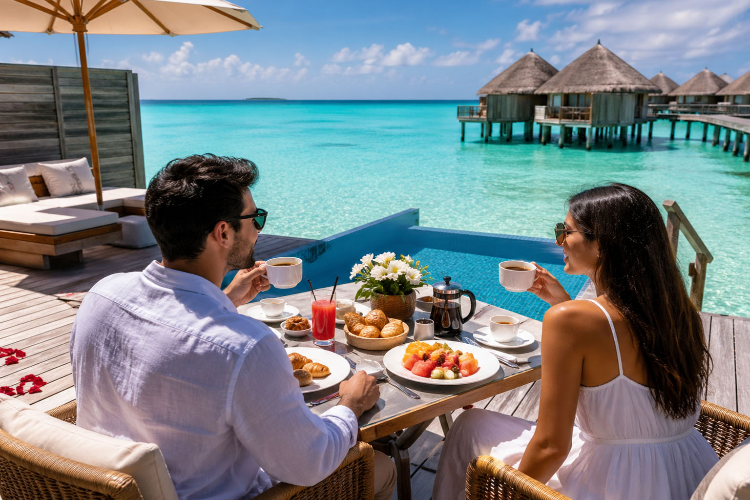 Couple enjoying Maldives honeymoon package from Bangalore on white sand beach