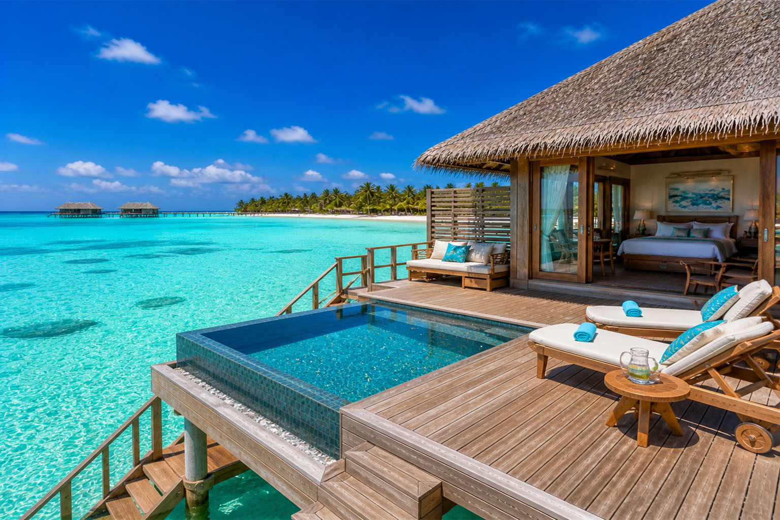 Maldives overwater villa with crystal-clear turquoise lagoon during peak dry season