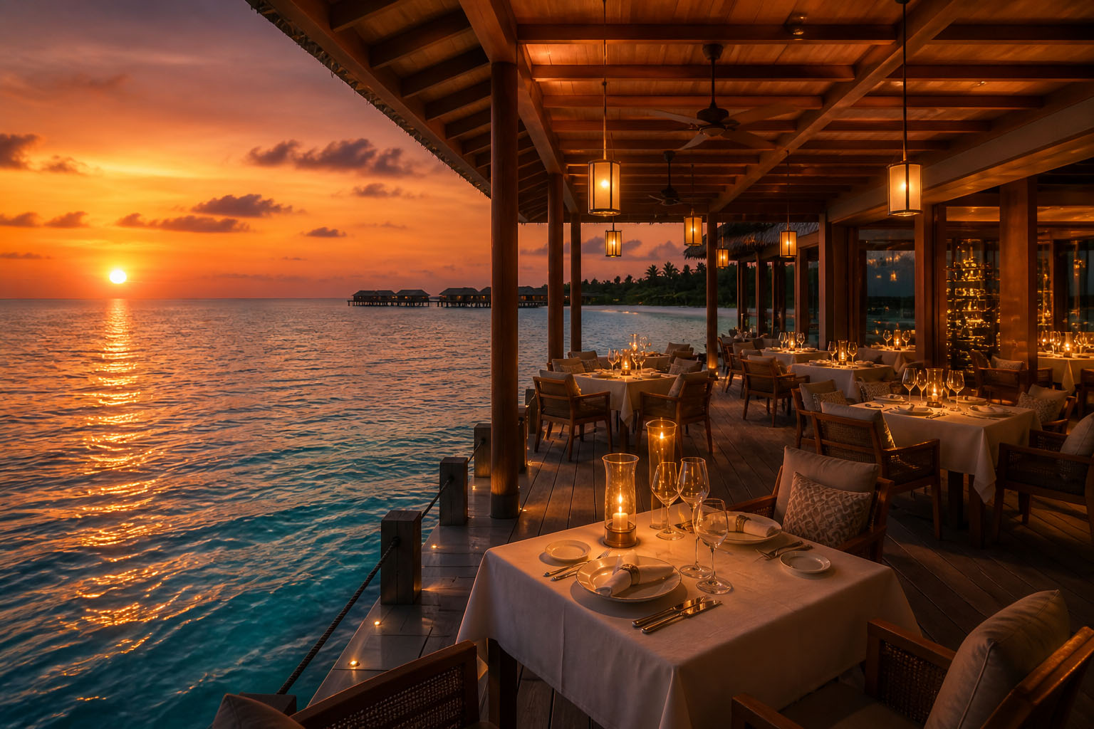 Overwater fine dining restaurant at Velaa Private Island Maldives with ocean view at sunset