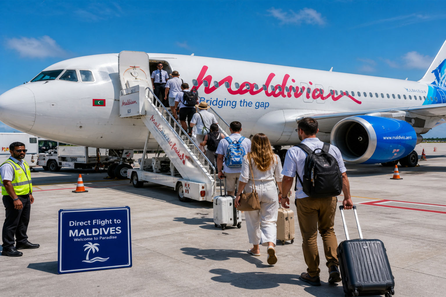Travelers boarding direct flight from Bangalore to Male Maldives at airport terminal