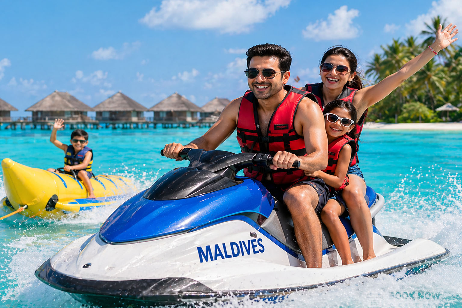 Family enjoying water sports during Maldives trip from Delhi with flights included