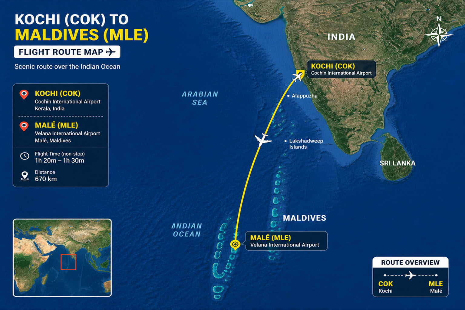 Aerial map of Kochi to Maldives flight route
