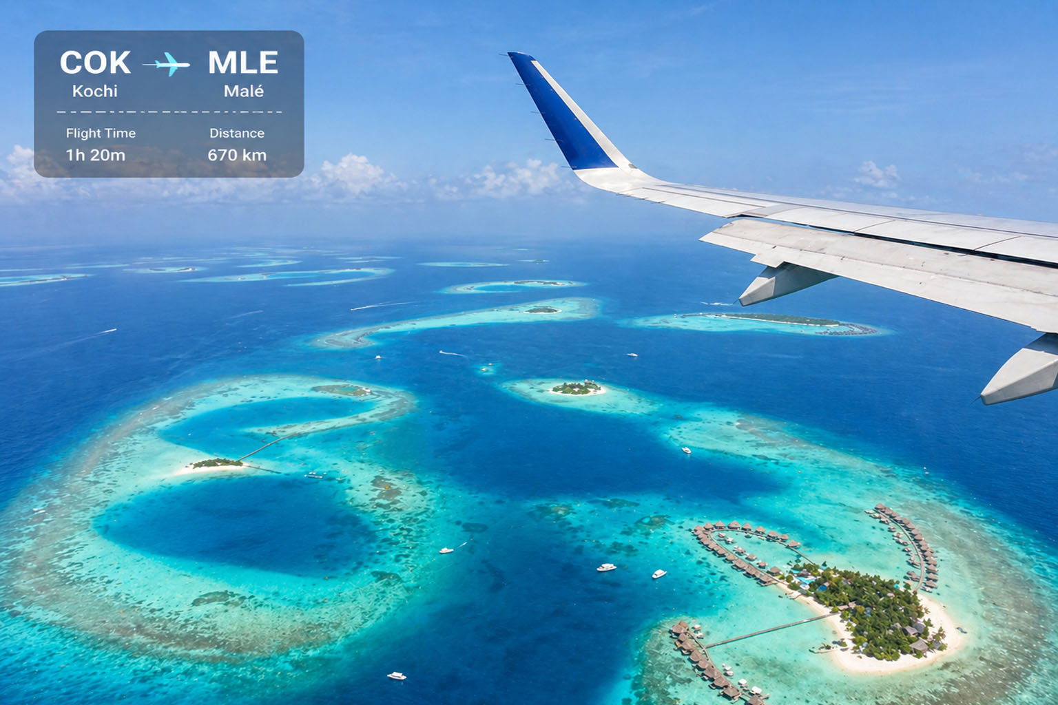 Flight from Kochi to Maldives over turquoise waters