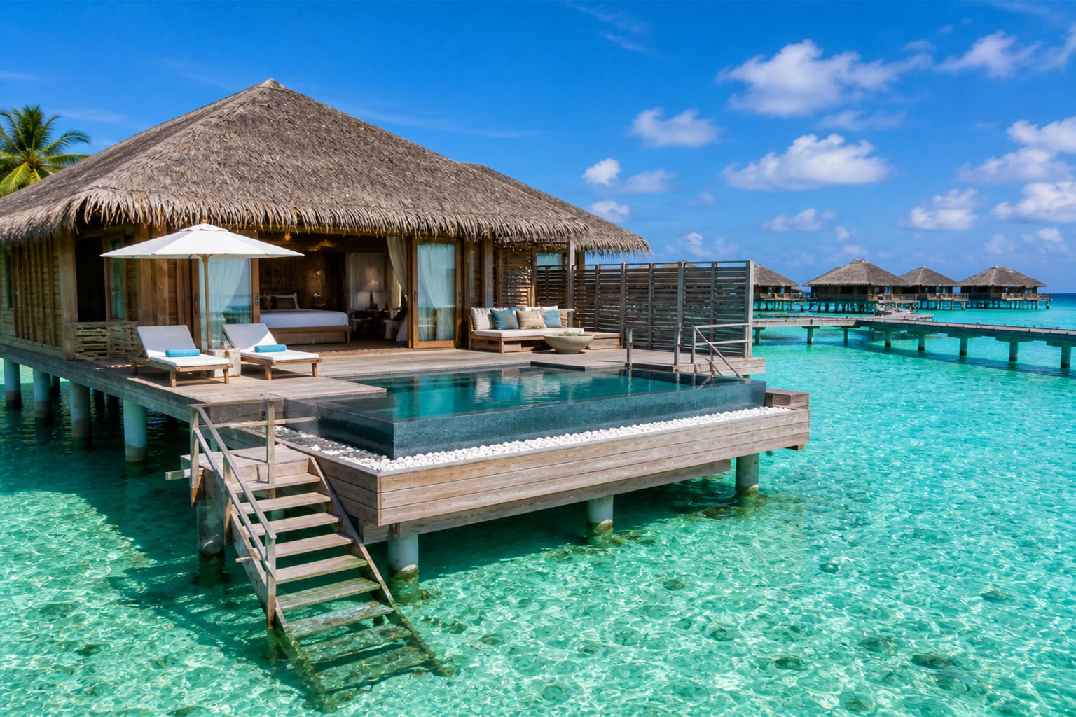 Indore to Maldives overwater villa with clear lagoon