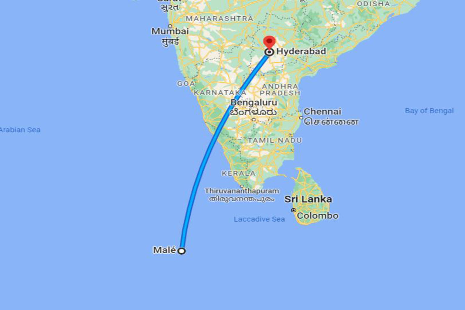 Flight route map from Hyderabad HYD to Maldives MLE showing key stopover cities