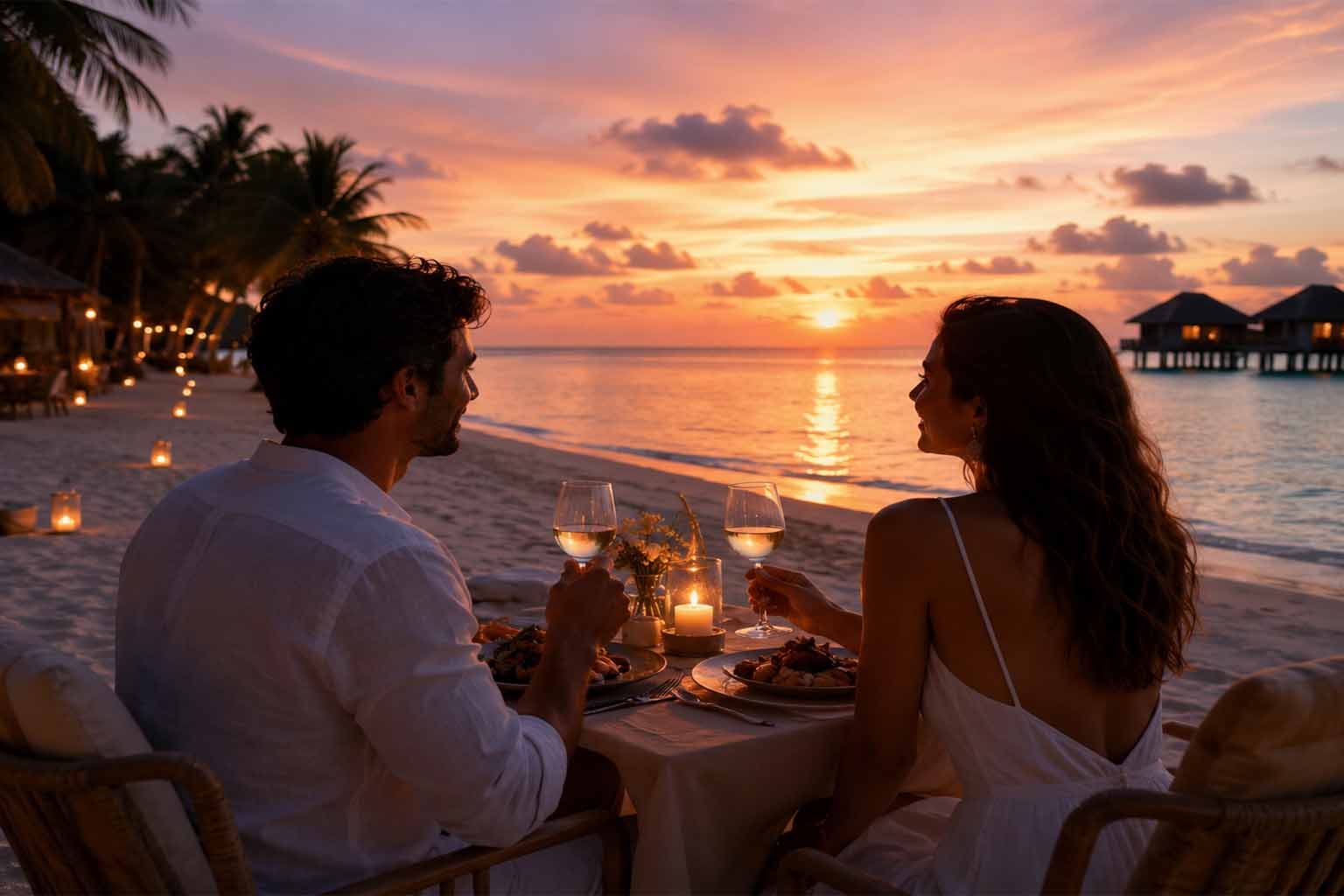 Couple enjoying sunset dinner on Maldives beach during honeymoon