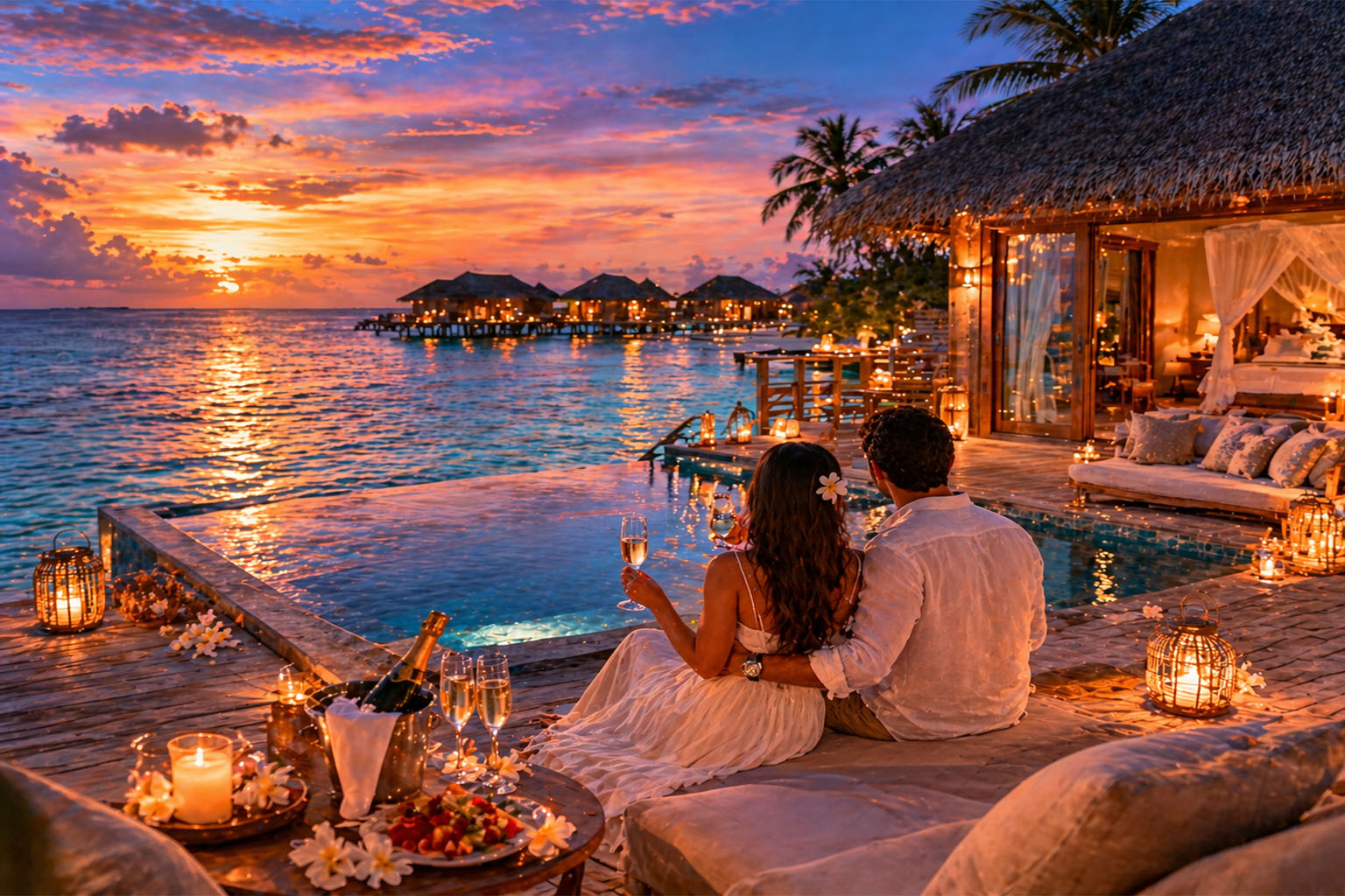 Couple enjoying Maldives honeymoon overwater villa at sunset