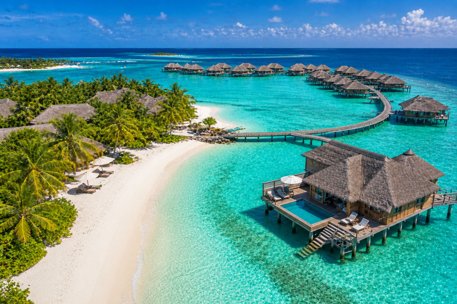 Tropical beach and overwater villas in Maldives reached via Hyderabad to Maldives flight