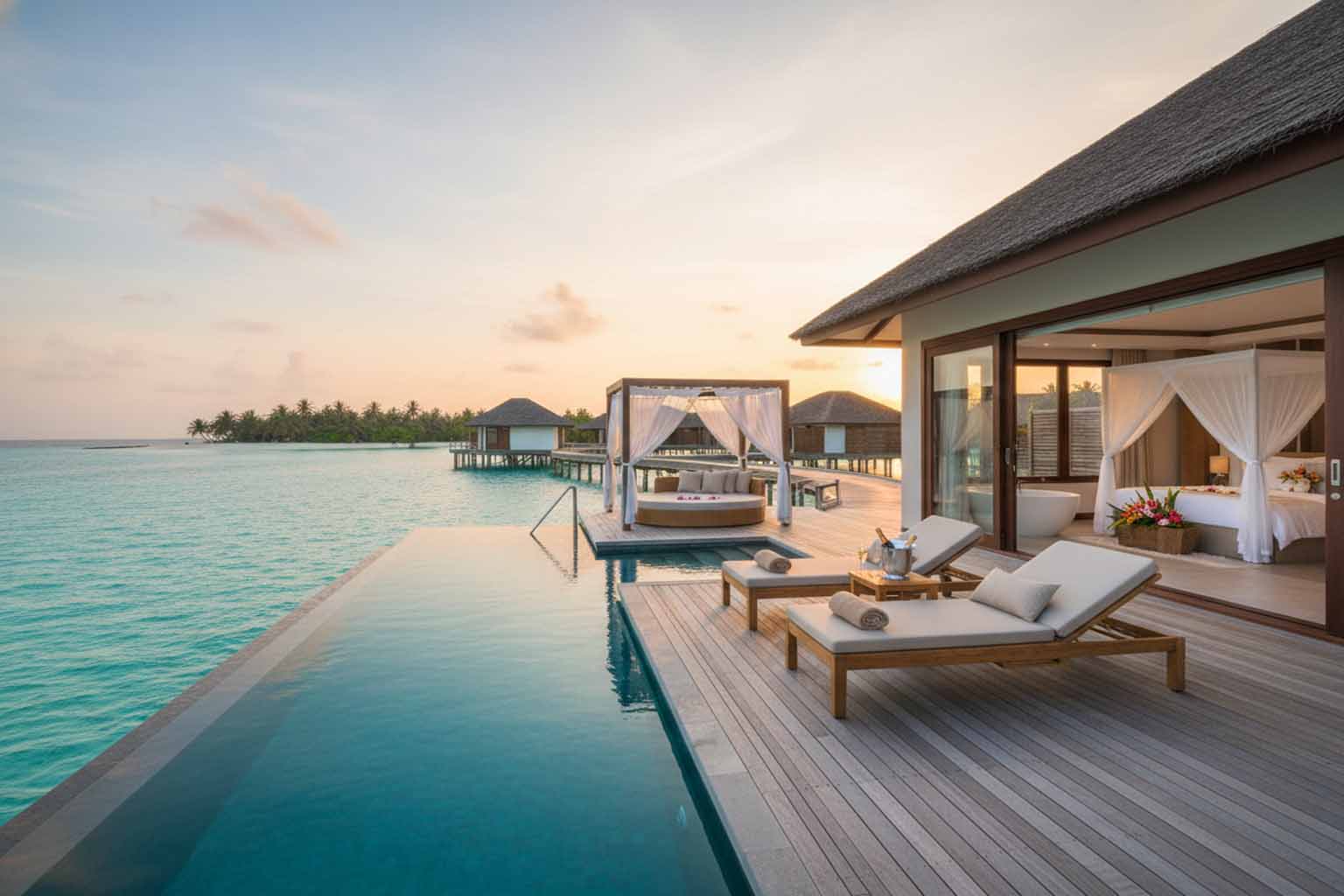 Luxury Maldives water villa with infinity pool perfect for honeymoon couples
