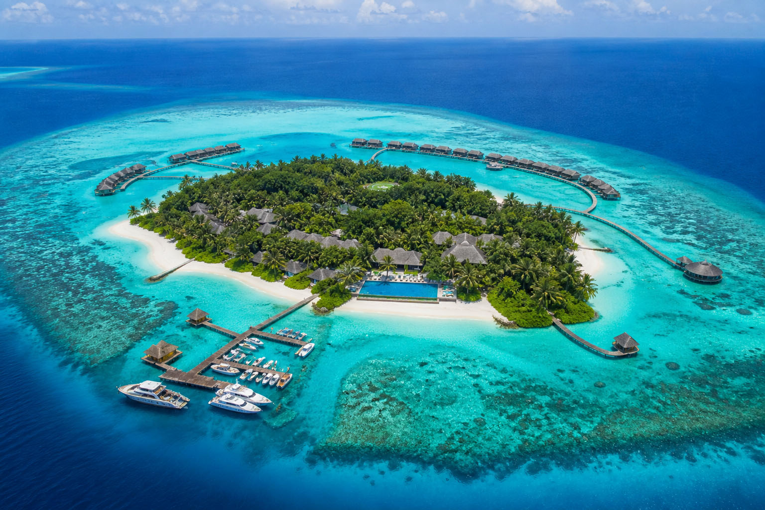 Aerial view of Velaa Private Island Maldives resort with turquoise lagoon and overwater villas in Noonu Atoll