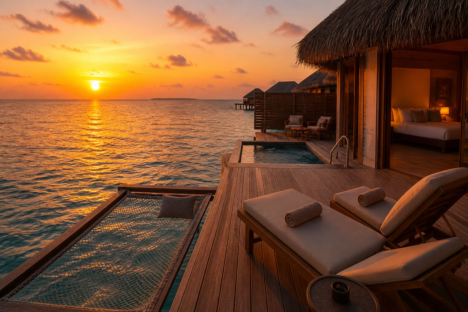 Maldives couple trip cost breakdown - overwater villa at sunset with private deck